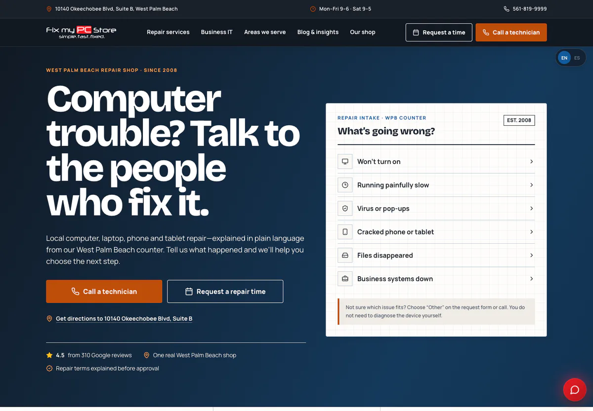 Fix My PC Store website homepage